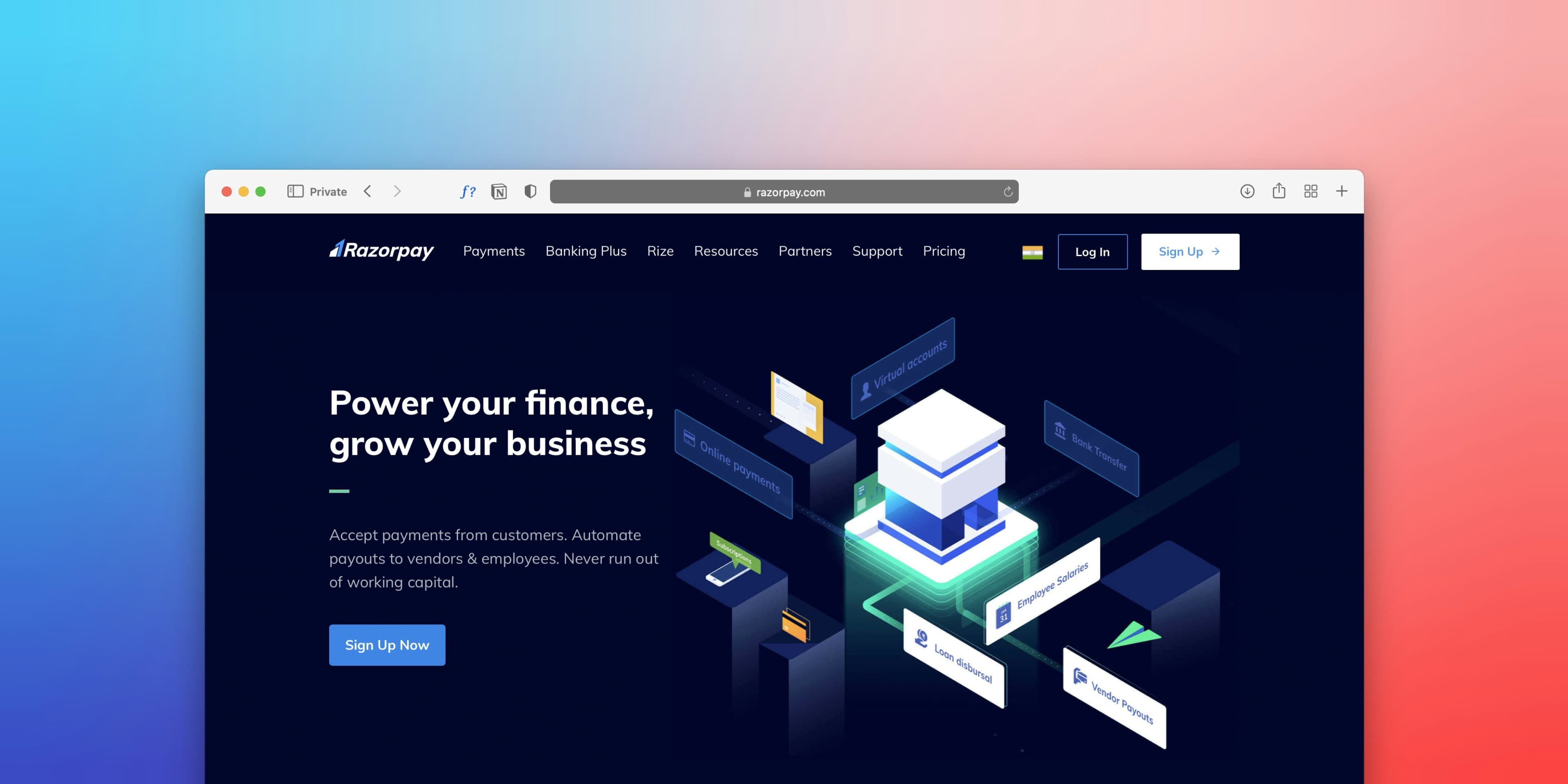 Product marketing homepage in a browser window