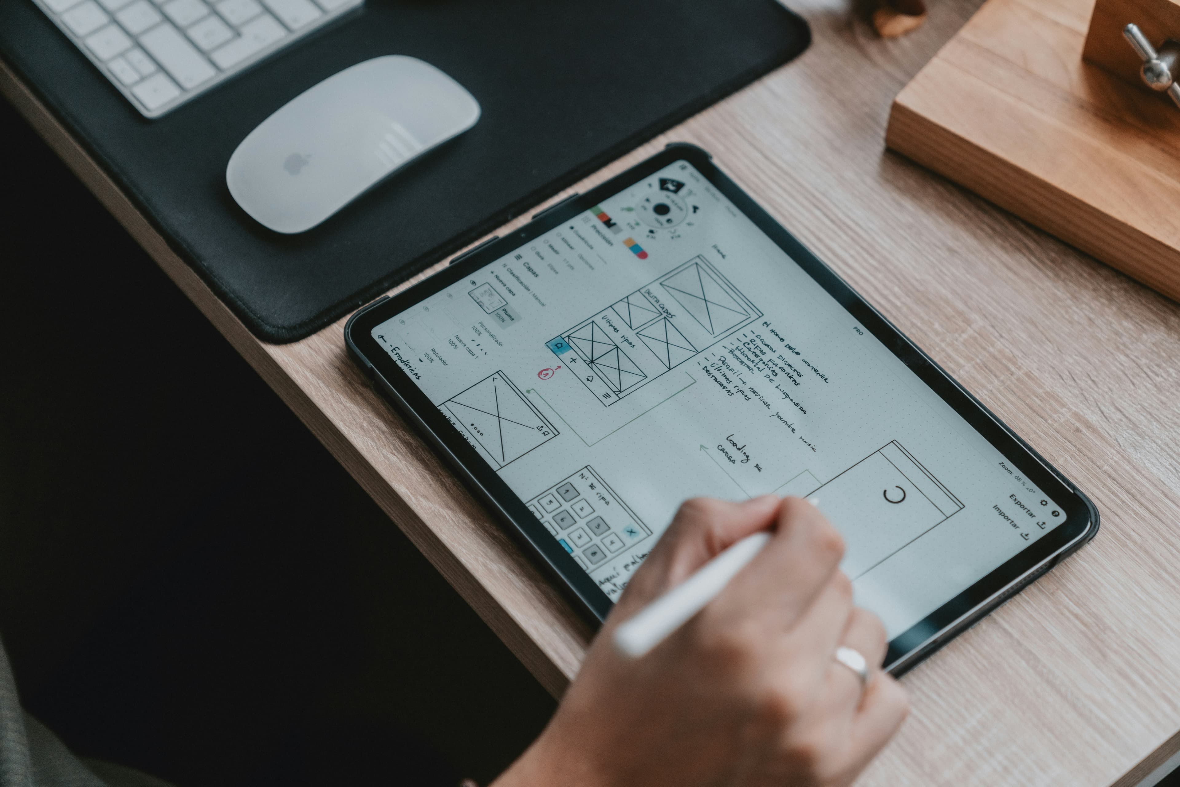 Tablet wireframe sketch on a studio desk