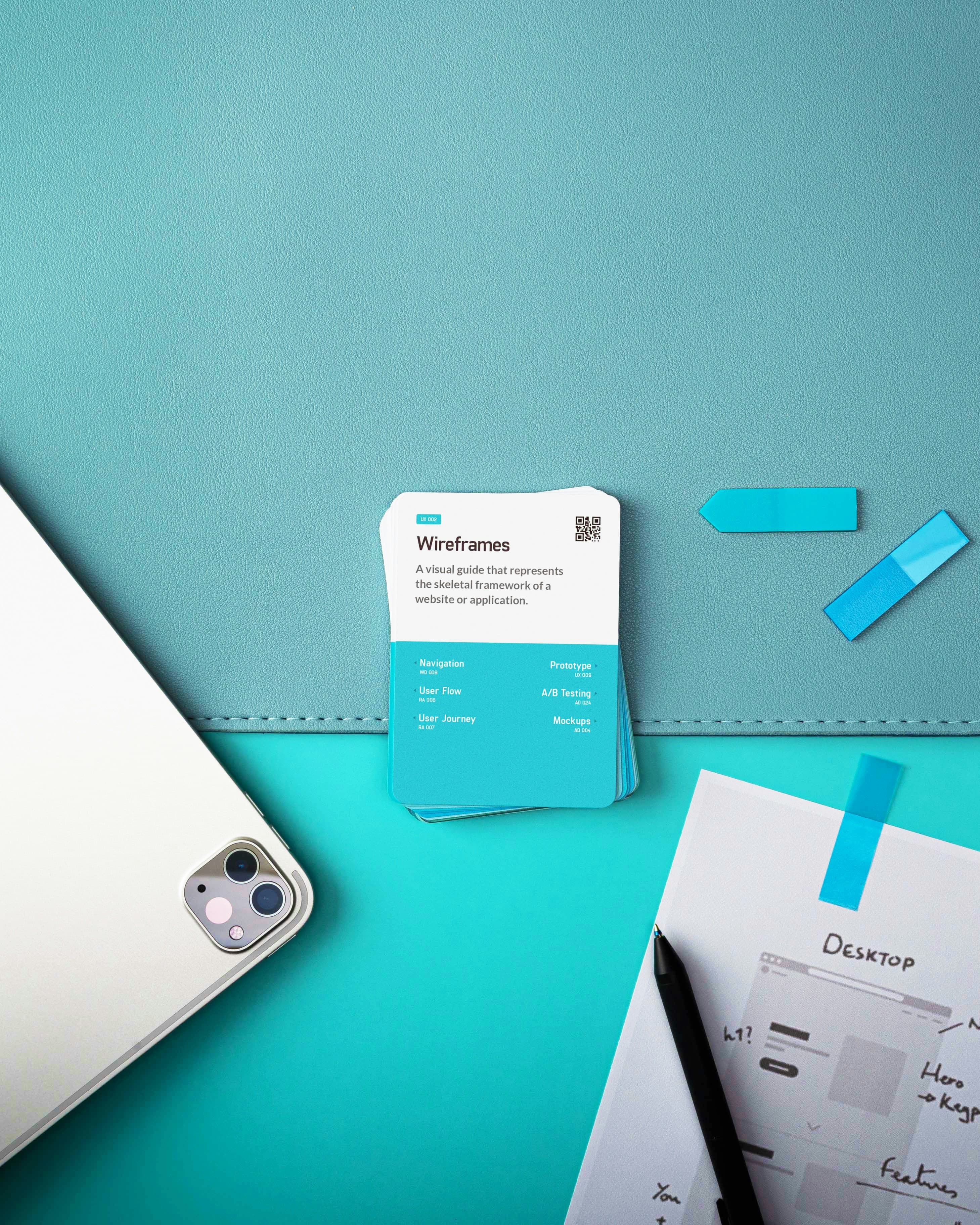 Wireframe cards, phone, and desktop planning notes